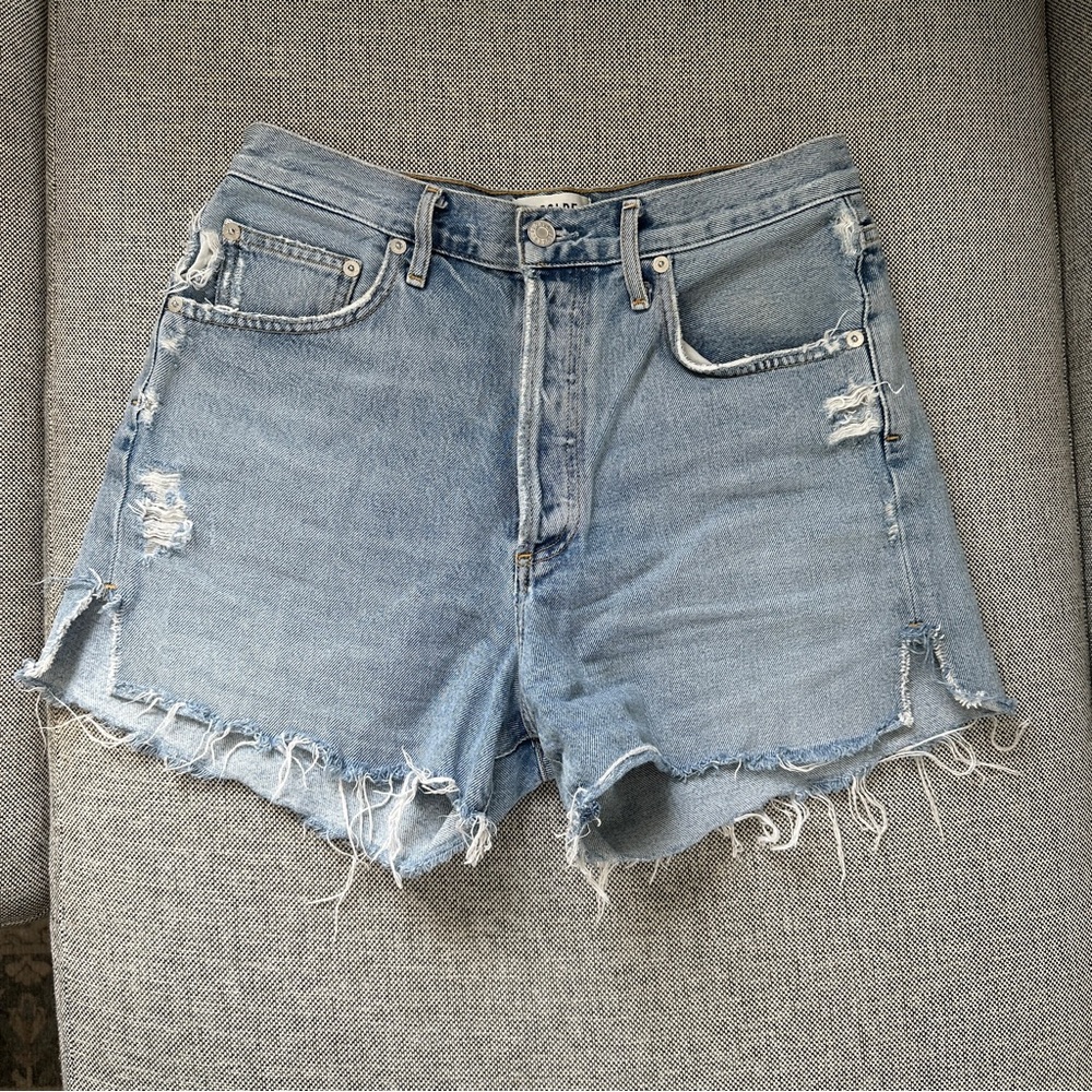 Agolde Light Blue Distressed Denim Jean Shorts - Picture 6 of 10